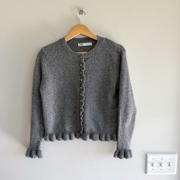 Zara Sweaters - Zara Knit Button Front Crew Neck Ruffle Trim Cardigan Sweater Gray S
